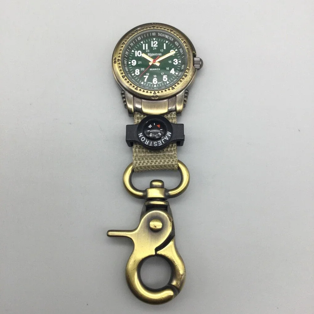 Majestron Key Ring Watch Mens 37mm Green Dial Brass Tone Compass New Battery